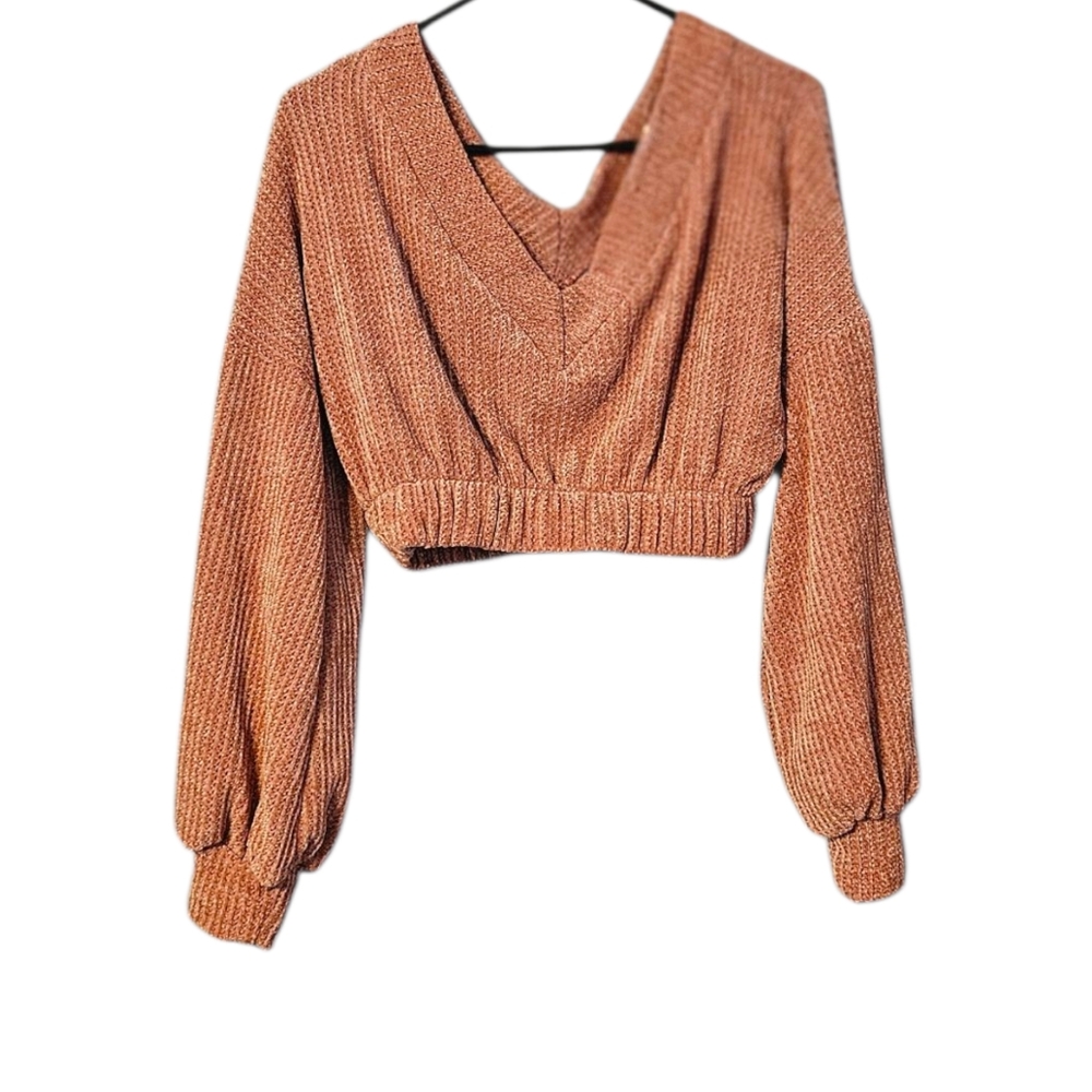 Before You Women's Rust V-Neck Knit Crop Sweater Size S